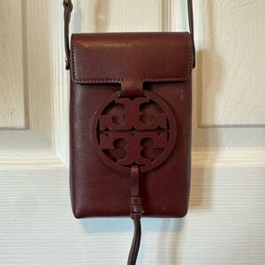 Tory Burch Miller burgundy leather cell phone bag, crossbody.